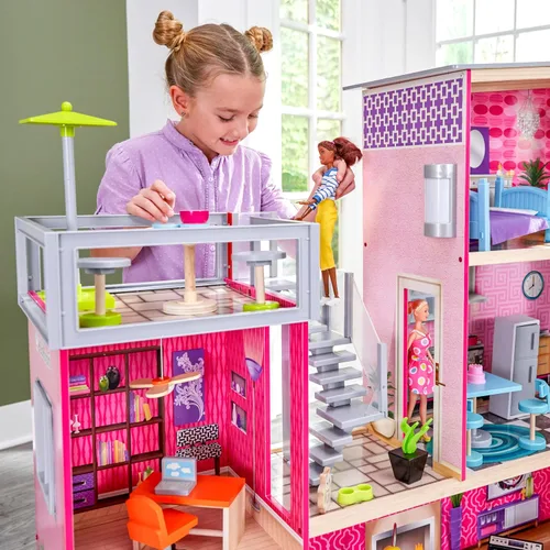 Vista 3 de KidKraft Casa de ciudad para muñecas con muebles para niñas Over 3 Feet Tall Pink Mansion Doll House, Working Elevator, Rooftop Patio, For Dolls