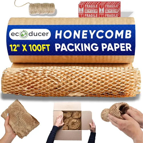 Vista 10 de Papel de embalaje de panal de 12 x 200 pies para mudanza, más calcomanías frágiles y cordel de yute. Materiales de embalaje ecológicos alternativos