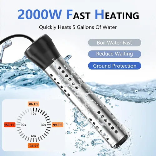Vista 4 de BSEED Calentador de agua de inmersión eléctrico, calentador de agua portátil de calentamiento rápido de 2000 W con apagado automático, protector
