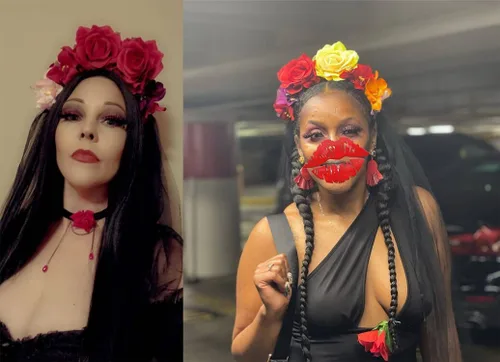 Vista 4 de Merroyal Diadema para mujer, diseño de flor de rosa del Día de los Muertos para Halloween Rojo Rosa Negro Velo