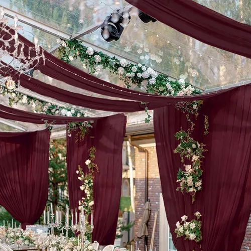 Vista 17 de FUHSY Cortinas de techo para arco de boda, tela drapeada, tela de gasa, cortinas de gasa burdeos para telón de fondo, 5 x 20 pies, 2 paneles