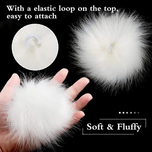 Vista 5 de 24 pompones esponjosos blancos de 4 pulgadas, accesorios de ganchillo – Pelotas de pompón de piel de zorro sintética desmontables, accesorios