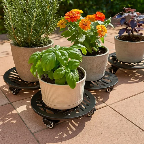 Vista 8 de 1 paquete de 30 cm de gran organizador de plantas de metal con 3 ruedas de PU metálicas, soporte rodante para plantas con ruedas para interiores