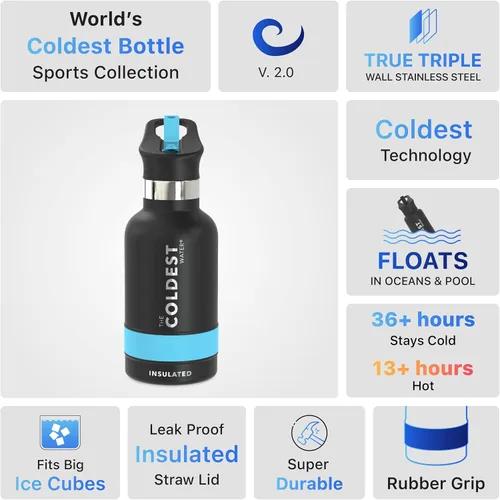 Vista 4 de Coldest - Botella para agua con tapa que incluye pajilla, térmica y metálica (acero inoxidable), para hombres y mujeres, color negro