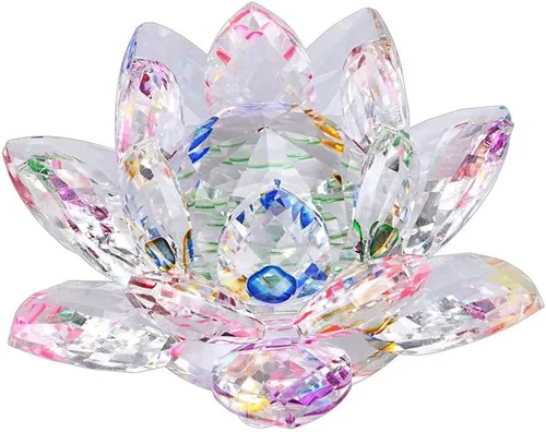 Vista 12 de Loto de cristal transparente, flor de cristal brillante con caja de regalo, reflejo de tono, purpurina, paz, pureza, buena fortuna, sabiduría