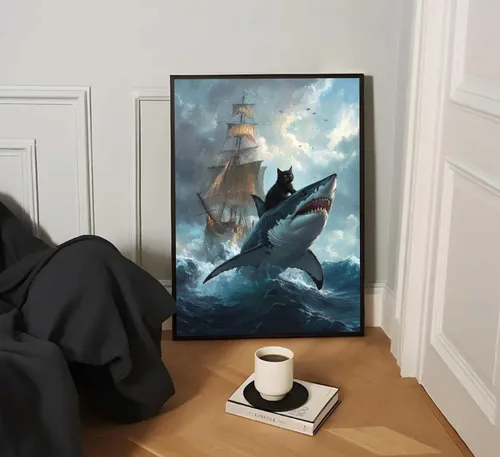 Vista 3 de Marco negro de dibujos animados lindo gato negro arte de pared retro gato negro contra tiburón, divertido póster con impresión de gato extravagante
