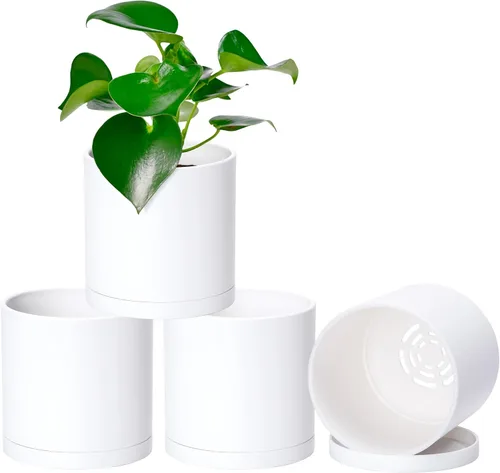 Vista 12 de D'vine Dev - Paquete de 2 macetas de plástico modernas de 4 pulgadas, pequeñas macetas de jardín para plantas con orificios de drenaje y platillos