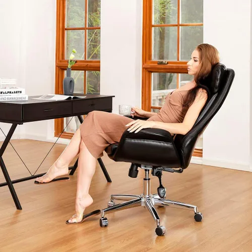 Vista 9 de Glitzhome Mid-Century Modern Air Leatherette Silla de oficina giratoria ajustable con respaldo alto, color negro