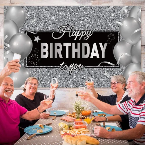 Vista 4 de Sumind Cartel de feliz cumpleaños negro y plateado para decoración de fiesta de cumpleaños para hombres y mujeres, suministros de decoración