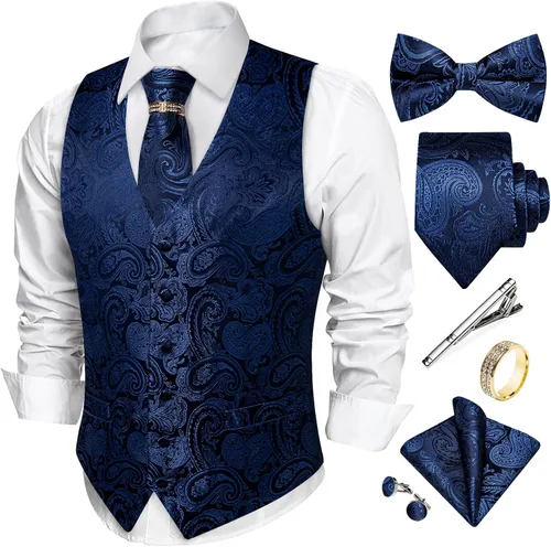 Vista 16 de DiBanGu Conjunto de chaleco de corbata y corbatín para hombre, chaleco de Negro