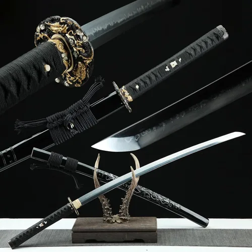 Vista 8 de Espada Katana negra de 41 pulgadas, acero de alto carbono, parte superior afilada, hecha a mano, espada samurái japonesa espiga completa