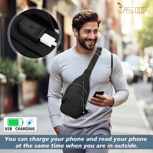 Vista 2 de JASGOOD Bolso bandolera para hombres y mujeres, bolsa cruzada de piel sintética, riñonera impermeable para el pecho, mochila para viajes
