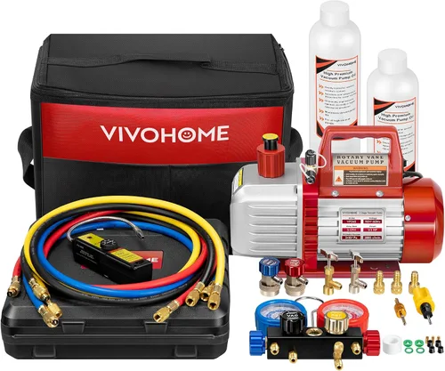 Vista 2 de VIVOHOME Bomba de vacío HVAC de 2 etapas y 110 V 1/2 HP 5CFM y kit de manómetro de CA de 4 vías con báscula electrónica de carga de refrigerante