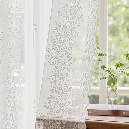 Vista 13 de Cortinas de encaje transparente negro floral de 84 pulgadas de largo, 2