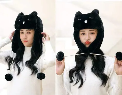 Vista 2 de Sombrero de felpa de diseño de gato para mujer, resistente al viento, cálido, sombrero ruso Ushanka, sombrero de orejera, sombrero de esquí y caza