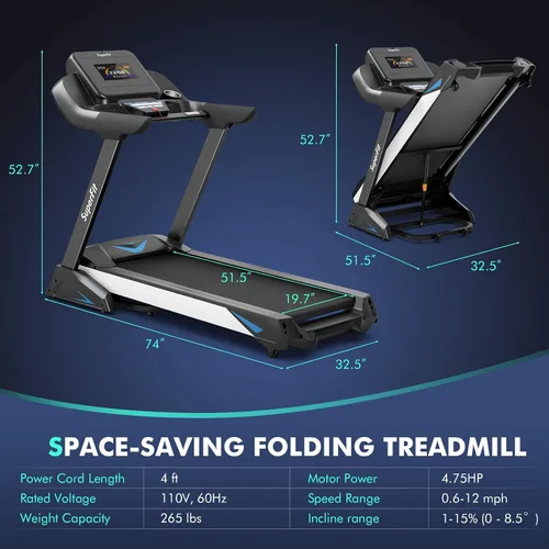 Vista 7 de GYMAX Caminadora plegable, caminadora inclinada automática de 4.75 HP con monitor LED, altavoz de dientes azules, control de aplicaciones, 20