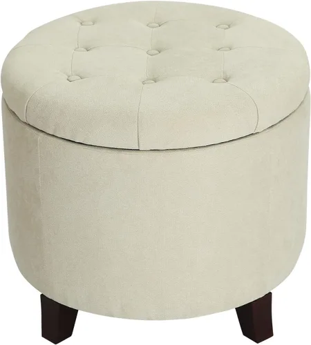 Vista 10 de Adeco Otomana redonda de almacenamiento, taburete tapizado para maquillaje, taburete de terciopelo para dormitorio, dormitorio beige