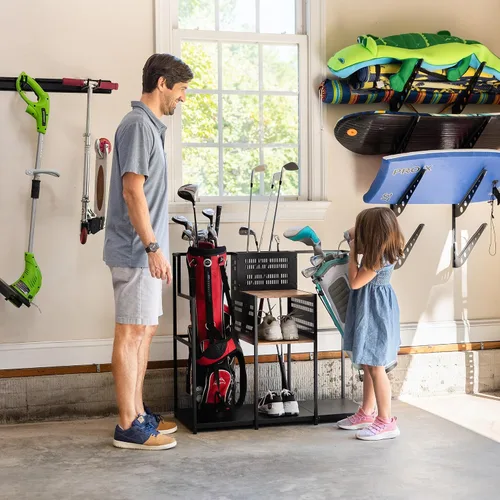 Vista 9 de Organizador de almacenamiento de golf Teal Triangle, almacenamiento gratuito para garaje resistente, contiene palos de golf, bolsas, accesorios