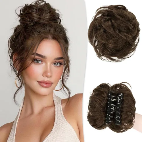 Vista 16 de RUWISS Extensiones de cabello humano real, ondulado y rizado, moño despeinado, cola de caballo para mujer (12H24# castaño rojo/rubio mediano)