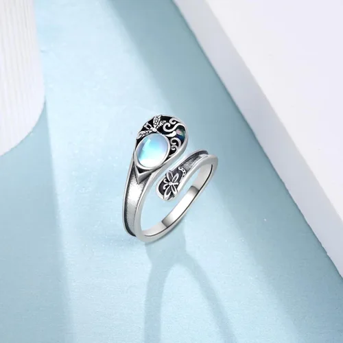 Vista 3 de Anillo de cuchara de libélula, piedra lunar, plata de ley 925, anillos de pulgar, libélula de joyería, regalos para mujeres