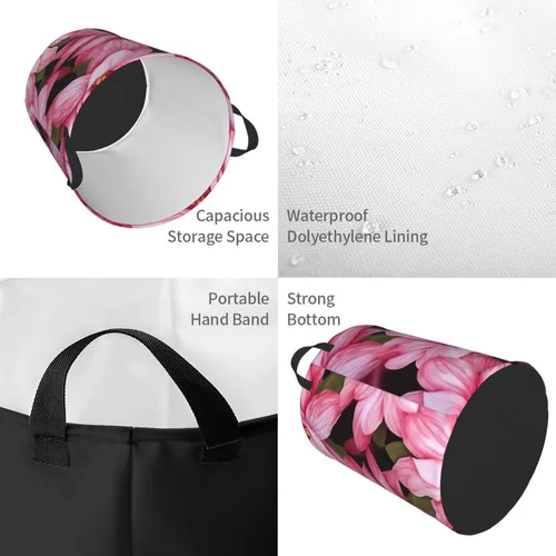 Vista 4 de Beauty pink Floral Flowers print Circular Hamper Waterproof Storage Bin Organizer Basket Laundry Hamper With Handles For Clothes Toys Medium