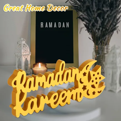 Vista 5 de Queekay Ramadan Kareem Decoraciones para el hogar, Ramadán Kareem decoración de mesa 9.84 x 3.74 pulgadas, letrero Mubarak de madera, centro