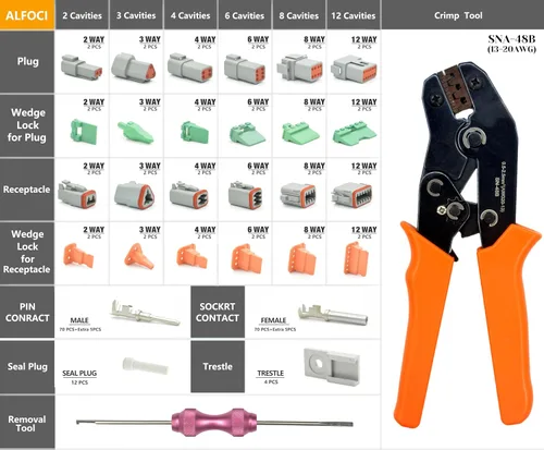 Vista 2 de Kit de conectores Deutsch DT de 217 piezas, 12 kits con crimpadora y herramienta de extracción de terminales, resistente al agua IP68 de 2, 3, 4, 6