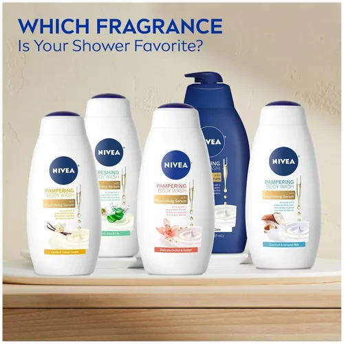Vista 12 de NIVEA Delicado jabón corporal Orchid and Amber con suero nutritivo, botella de 20 onzas líquidas