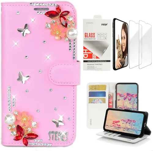 Vista 9 de Bling - Funda de piel tipo cartera compatible con Samsung Galaxy S21 Ultra - Elegante - 3D hecha a mano con colgante de hojas de lujo con protector