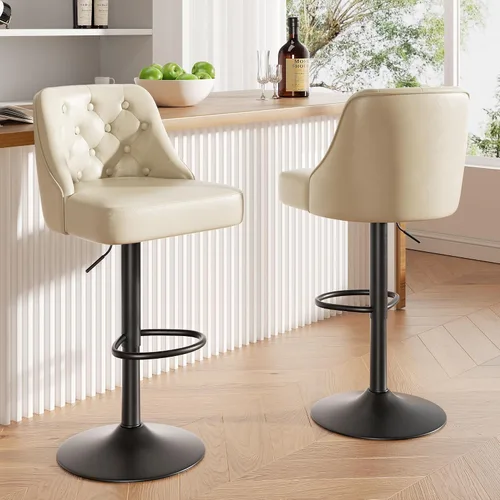 Vista 8 de Juego de 2 taburetes de bar, taburete de bar ajustable con respaldo, sillas de bar tapizadas de piel sintética, taburetes de bar giratorios modernos