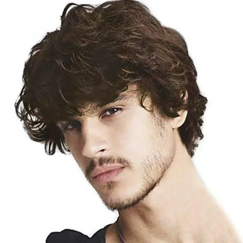 Vista 13 de Kaneles Peluca corta y rizada negra para hombre, con flequillo, disfraz de Halloween, cosplay, fiesta, peluca de cabello natural Color negro.