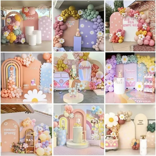Vista 4 de Cubiertas de fondo arqueadas con arco iris para Groovy Party Arch Stand Covers Cumpleaños Baby Shower Cake Mantel Decoración Accesorios