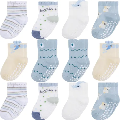 Vista 13 de Calcetines antideslizantes con agarre para tobillos, paquete de 12 unidades para niños pequeños, niños y niñas, lindos calcetines de algodón