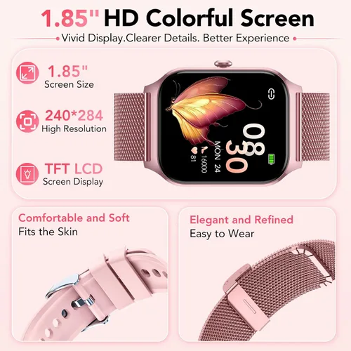 Vista 7 de Reloj inteligente para mujer, responder/hacer llamadas, voz AI, reloj inteligente HD de 1.85 pulgadas compatible con iPhone/Samsung/Android, más