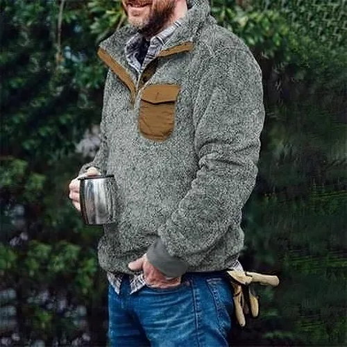 Vista 2 de Sudadera con capucha de forro polar a cuadros azteca occidental para hombre, cálida, sin capucha, con bolsillos