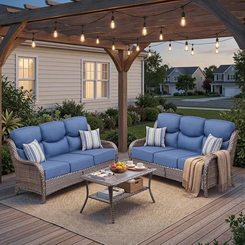 Vista 29 de Sofá de lujo para patio al aire libre, sofá de mimbre resistente para todo tipo de clima, sofá de 3 plazas con asiento profundo y funda extraíble