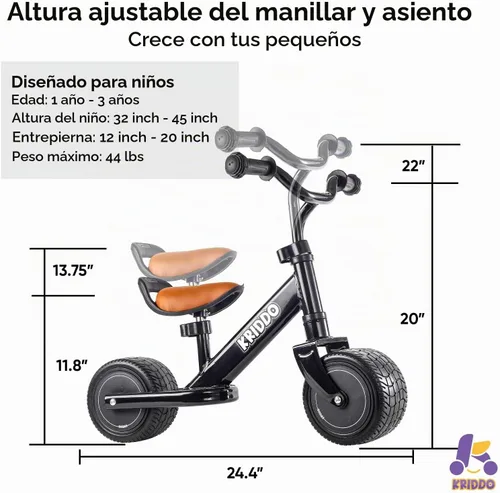 Vista 6 de KRIDDO Bicicleta de Equilibrio para Niños de 1-2 Años, Mini Crucero para el Primer Cumpleaños, Negro Asiento ajustable Mini Cruiser, regalos