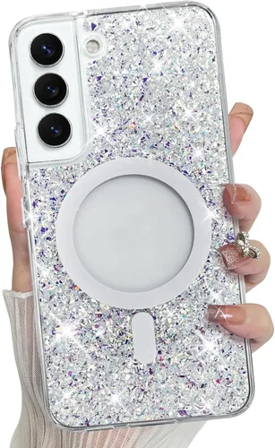 Vista 258 de Bonoma - Funda compatible con Samsung Galaxy S21 Plus, diseño de corazón con purpurina, color rosa Support for MagSafe, Plating Magnetic Case TPU
