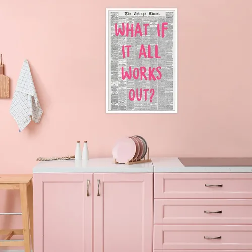 Vista 4 de Liyark Arte de Pared de Lienzo de Periódico Retro y Moderno - Cita de Afirmación Positiva 'What If All Works Out' - Fuente Rosa - Decoración