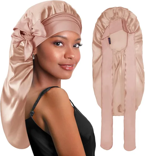 Vista 12 de BONNET QUEEN Braid Bonnet Silk Bonnet Foldable Extra Long Wrap for Braids Satin Bonnets with Tie Band Long Sleep Cap