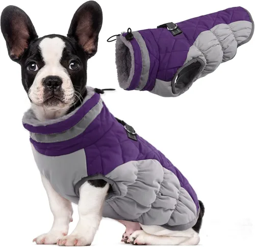 Vista 54 de Lelepet Abrigo cálido para perro, abrigo de invierno para perro, chaqueta impermeable para perros con arnés integrado reflectante de forro polar
