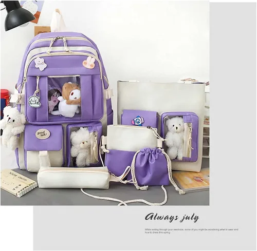 Vista 6 de Mochila Kawaii de 5 piezas, bolsa deportiva estética de 17 pulgadas con bonita mochila, bolsa de hombro, caja de lápices, bolsa de mano, bolsa