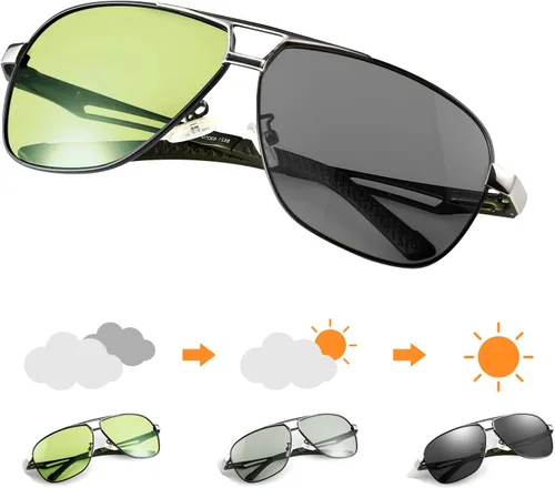 Vista 2 de K.LAVER Gafas de sol polarizadas fotocromáticas de aviador UV400 gafas de conducción de día y noche para hombres y mujeres, gafas de bisagra