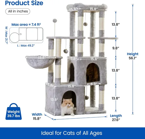 Vista 6 de MWPO Árbol grande para gatos, torre para gatos de interior de 56.1 pulgadas con 2 condominios grandes para gatos, soporte de varios niveles