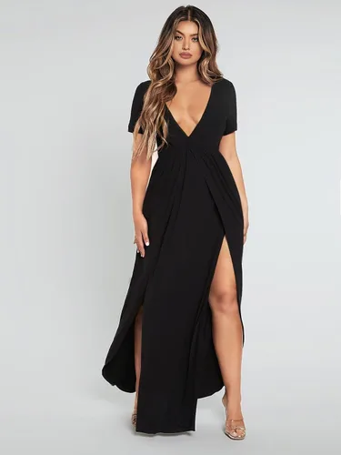Vista 3 de Vestidos de verano para mujer, cuello pronunciado y abertura en el muslo, vestido largo negro para fiesta casual y trabajo