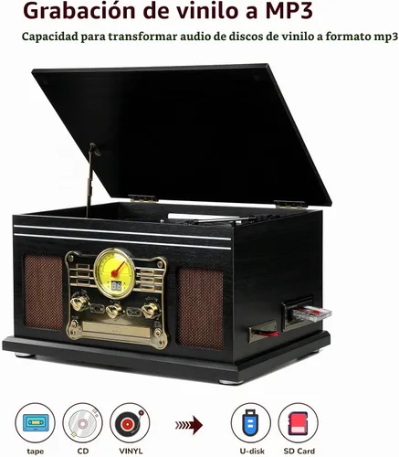 Vista 3 de FEKTIK FEKTIK - Tocadiscos Bluetooth 10 en 1, tocadiscos de 3 velocidades para vinilo con altavoces, convertidor LP a MP3, CD, reproductor de Negro