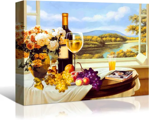Vista 21 de Denozer - Arte de pared para cocina, lienzo, obras de arte de frutas, uvas, botellas de vino, alimentos, pintura en lienzo para comedor, decoración