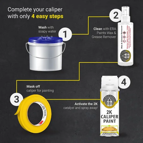 Vista 3 de ERA Paints 2K Pintura en aerosol para pinza de freno – Amarillo Acabado de alto brillo, resistente al calor de 500°F y a productos químicos