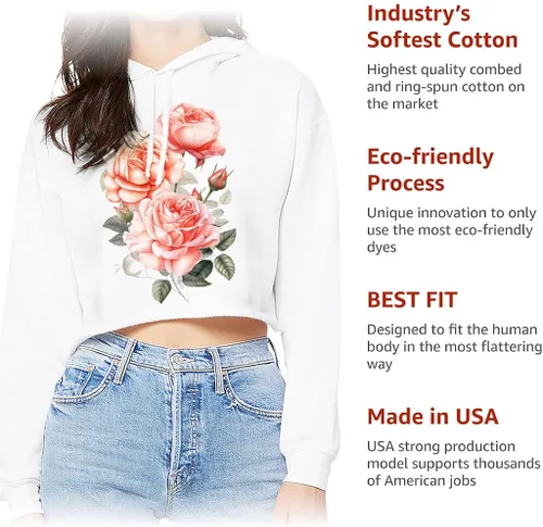 Vista 5 de Pink Rose Women's Cropped Hoodie - Flower Print Cropped Hoodie - Illustration Hooded Sweatshirt