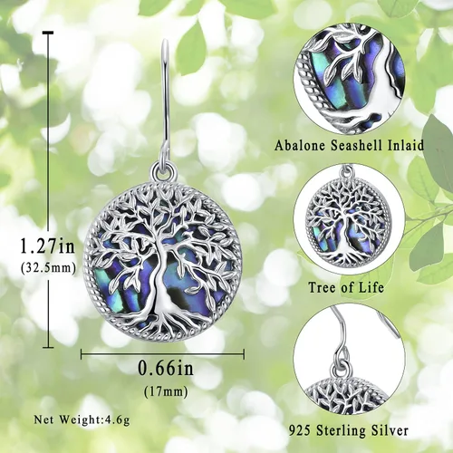 Vista 4 de Aniu Aretes colgantes de árbol de la vida, flor, turquesa, ópalo azul, malaquita, ágata musgo, lágrima, para mujer, plata de ley, aniversario